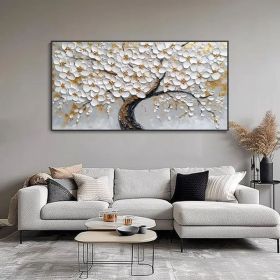 White Blossom Tree Canvas Oil Painting Hand Abstract Floral Plant Art 3D Textured Palette Knife Minimalist Home Decor Birthday Gift (Style: 01, size: 100x200cm)