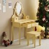 FCH Kids Vanity Set with Mirror and Lights and Stool, 5 Storage Drawers
